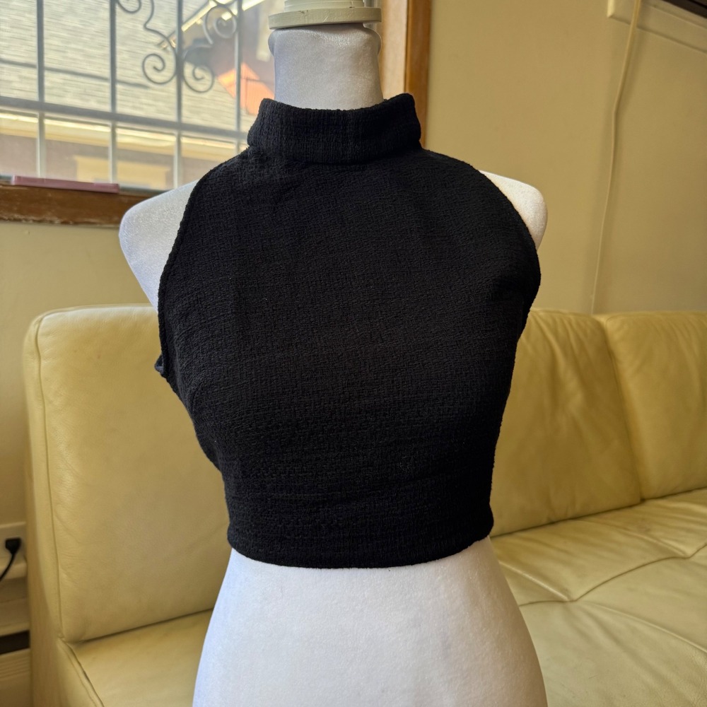 Zara Black Textured Tweed High Neck Crop Top Halter Side Zip Size M